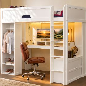 Full Size Solid Wood Loft Bed With L-Shaped Desk, Storage Cabinet and Wardrobe