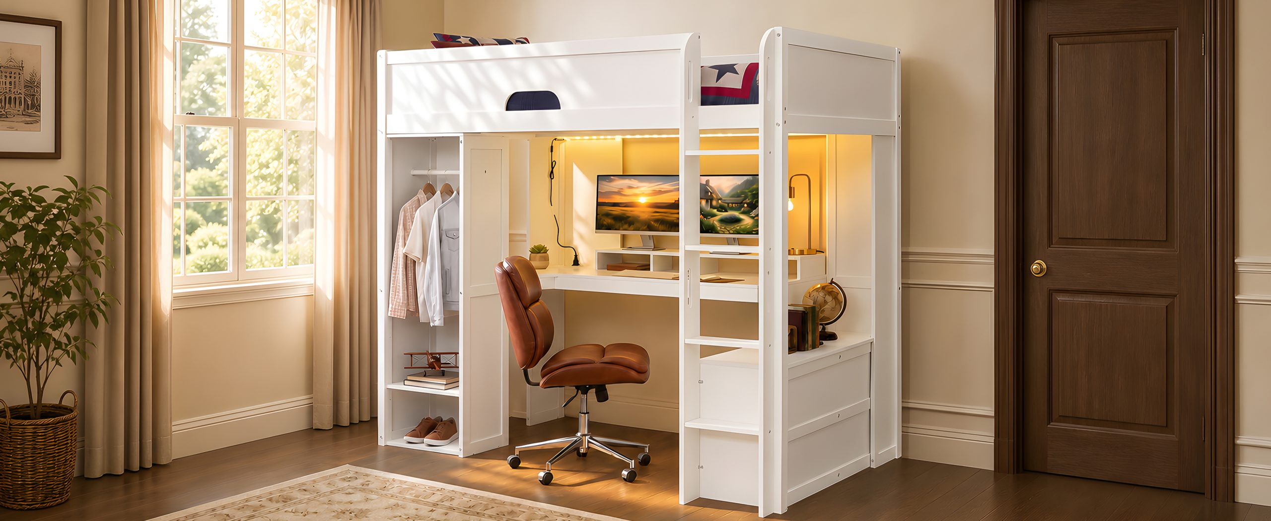 Full Size Solid Wood Loft Bed With L-Shaped Desk, Storage Cabinet and Wardrobe