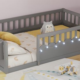 Twin Montessori Floor Bed with High Rails, Light And Storage Shelf