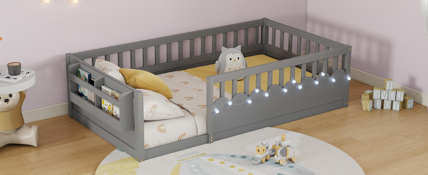 Twin Montessori Floor Bed with High Rails, Light And Storage Shelf