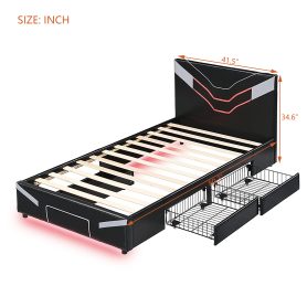 Twin Size Upholstered Gaming Bed Frame with LED Lights