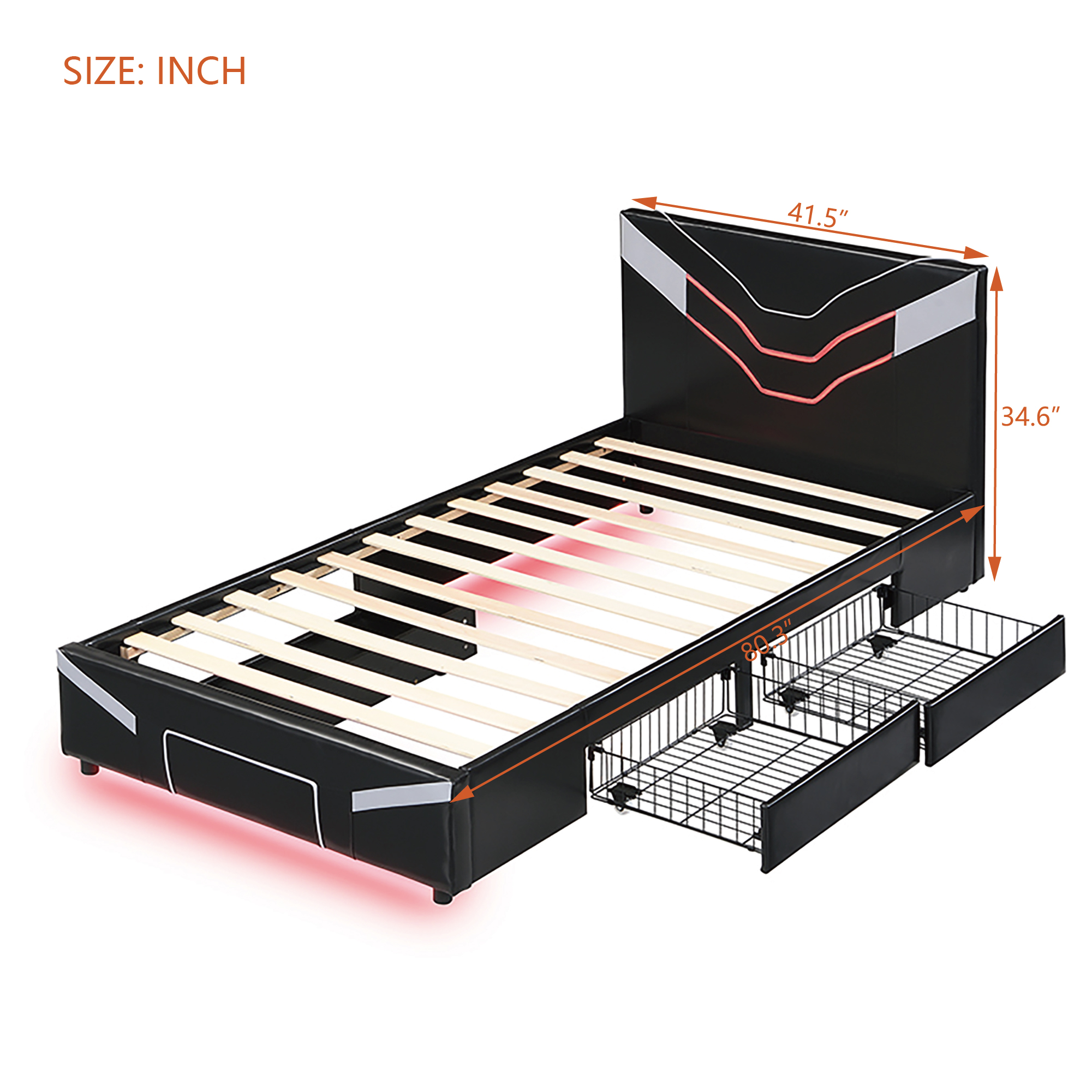 Twin Size Upholstered Gaming Bed Frame with LED Lights