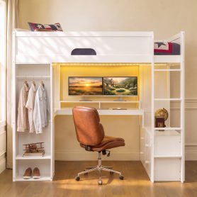 Full Size Solid Wood Loft Bed With L-Shaped Desk, Storage Cabinet and Wardrobe