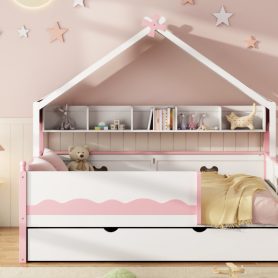 Full Size House-Shaped Daybed with Built-In Bookshelf and Trundle