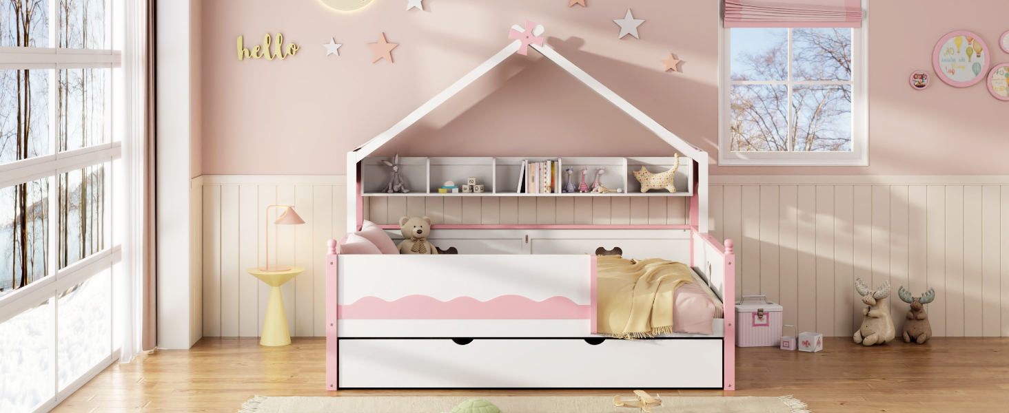 Full Size House-Shaped Daybed with Built-In Bookshelf and Trundle