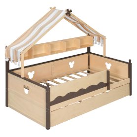 Twin Size House-Shaped Daybed with Built-In Bookshelf and Trundle