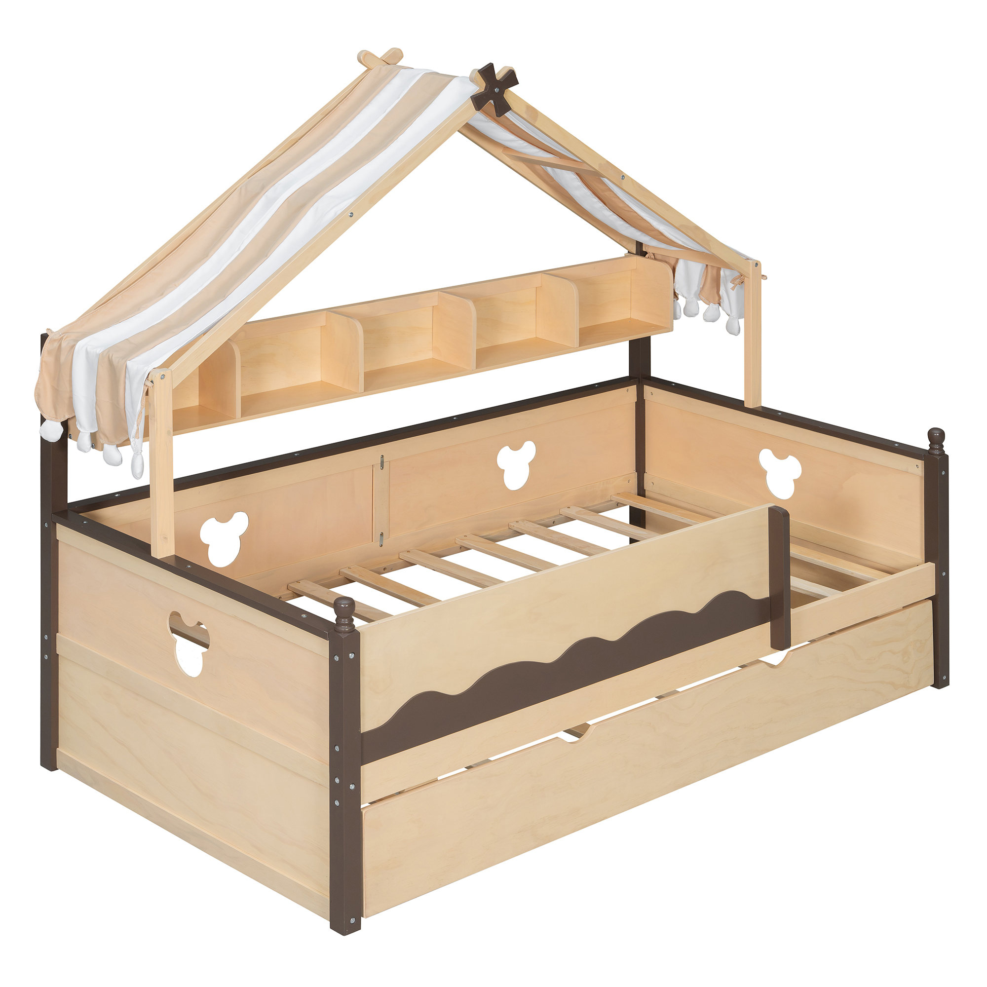 Twin Size House-Shaped Daybed with Built-In Bookshelf and Trundle