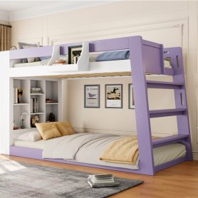 Twin Over Twin XL Bunk Bed with Storage Shelves & Guardrail Storage Basket