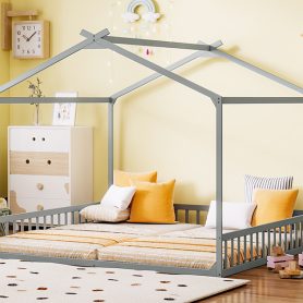 Double Twin House-Shaped Floor Bed with Safety Guardrails