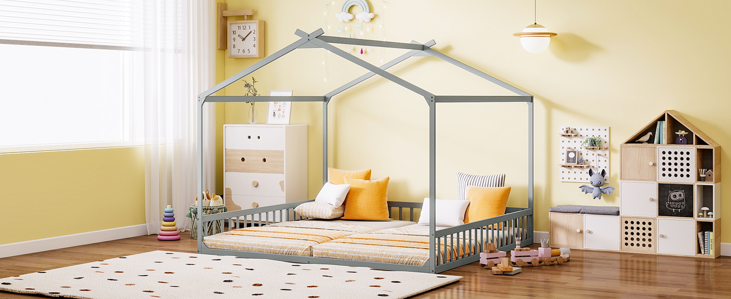 Double Twin House-Shaped Floor Bed with Safety Guardrails