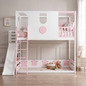 Full Size Kids Loft Bed With Slide, Storage Shelves And Guardrails