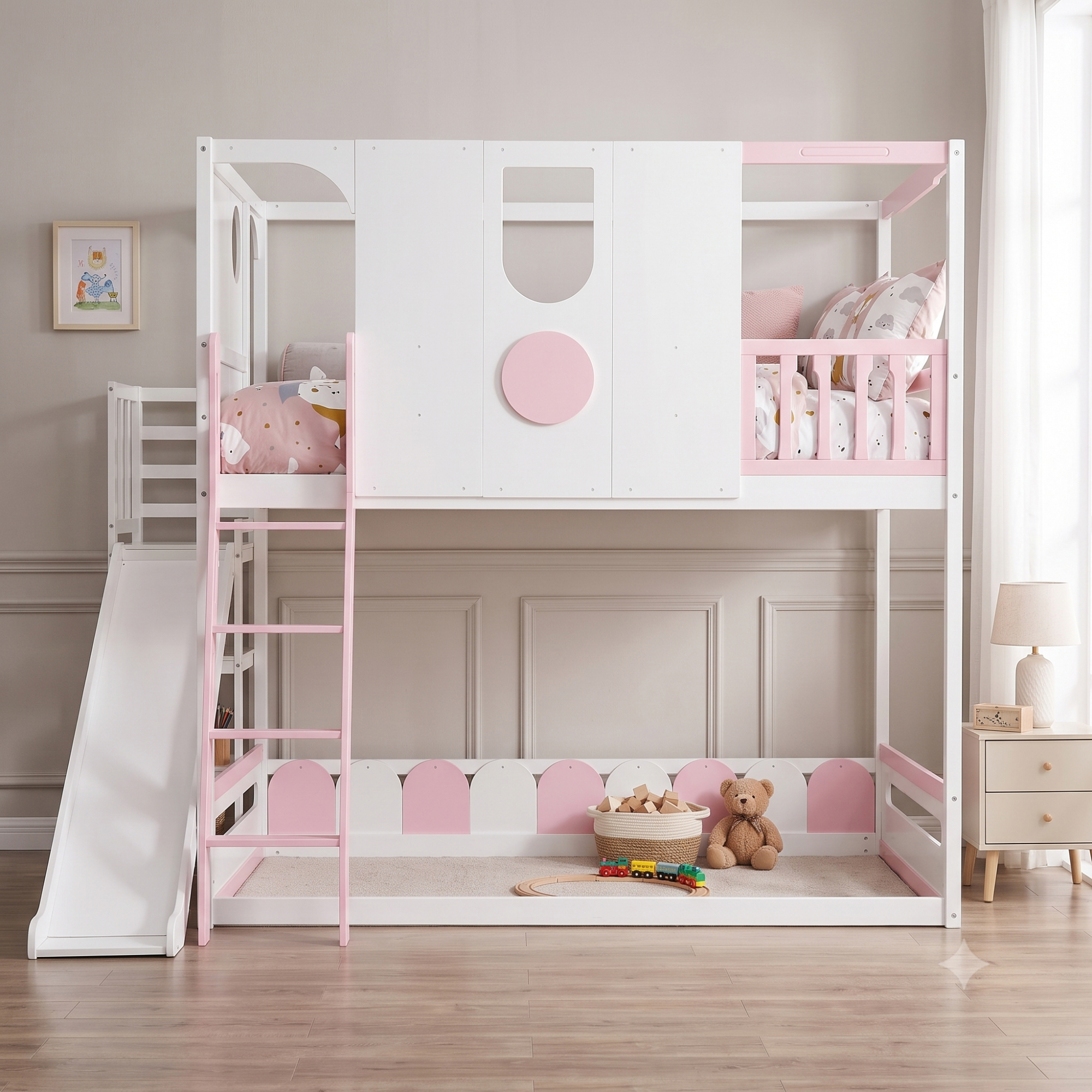 Full Size Kids Loft Bed With Slide, Storage Shelves And Guardrails
