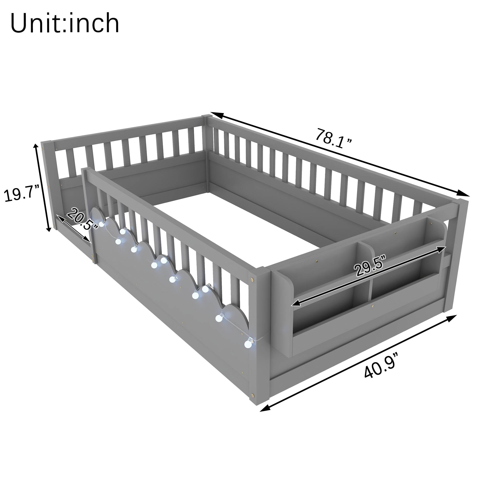 Twin Montessori Floor Bed with High Rails, Light And Storage Shelf