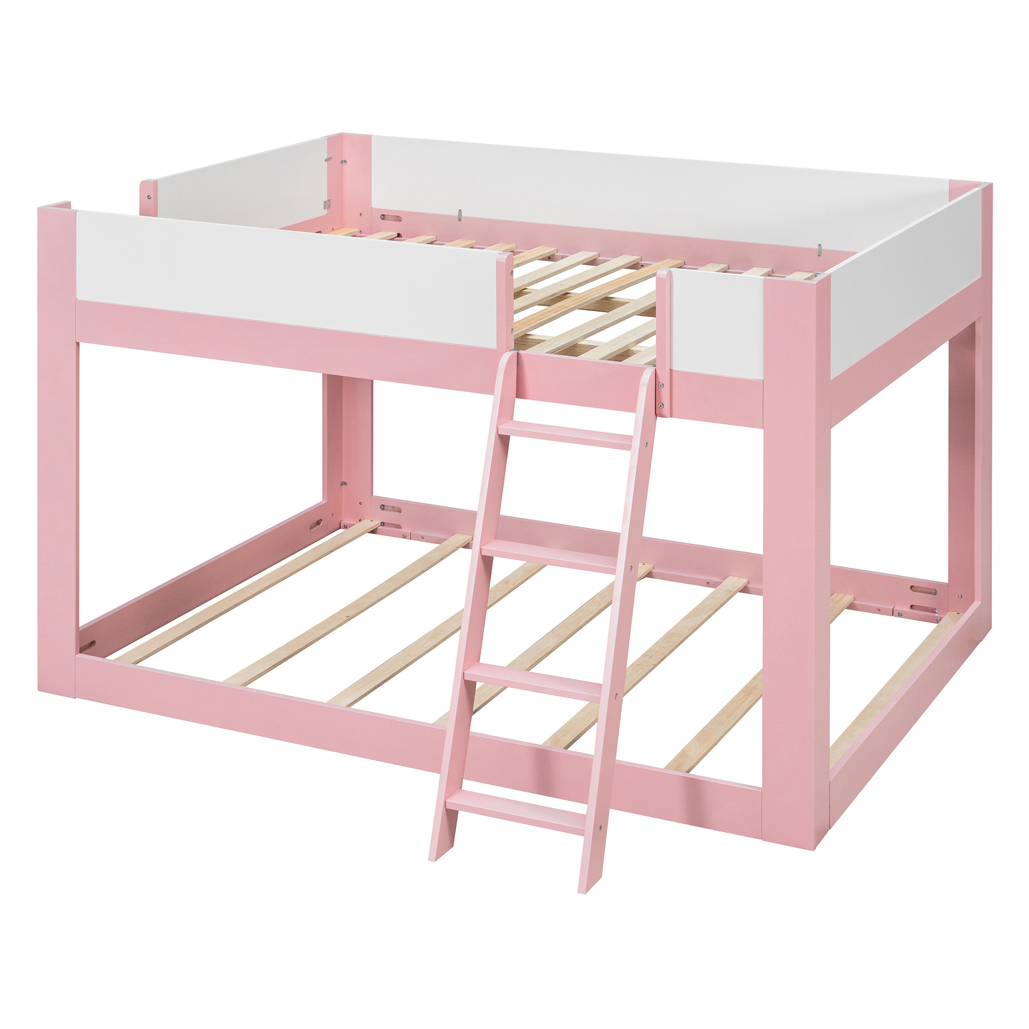 Queen Size Low Convertible Bunk Bed With Reversible Ladder And Safety Guardrails