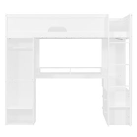 Twin Size Solid Wood Loft Bed With L-Shaped Desk, Storage Cabinet and Wardrobe