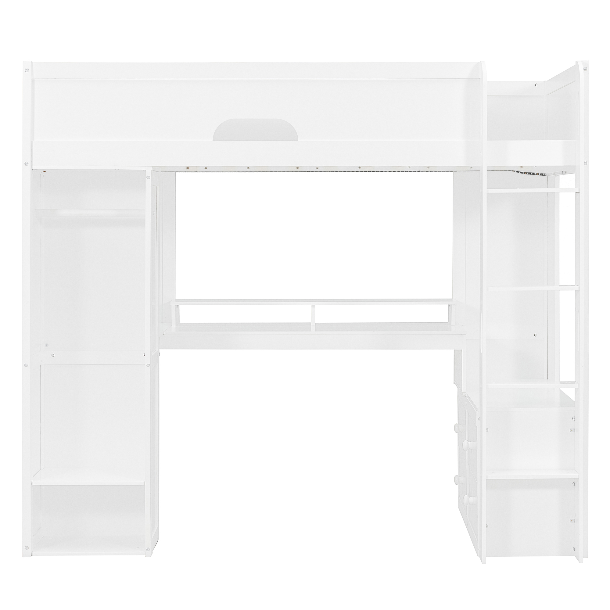 Twin Size Solid Wood Loft Bed With L-Shaped Desk, Storage Cabinet and Wardrobe