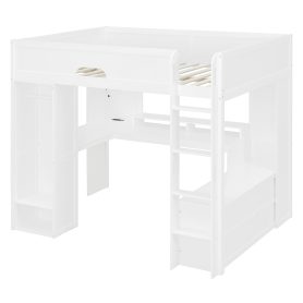 Full Size Solid Wood Loft Bed With L-Shaped Desk, Storage Cabinet and Wardrobe