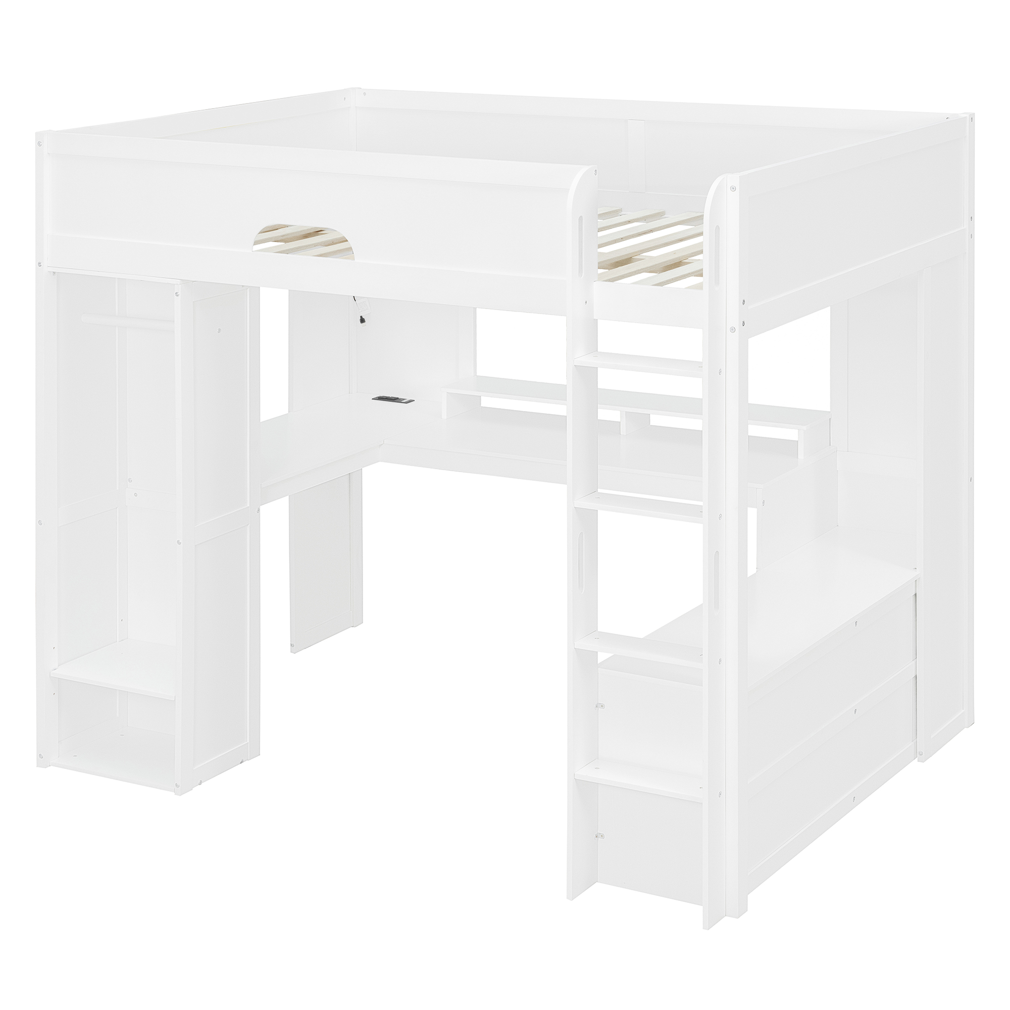 Full Size Solid Wood Loft Bed With L-Shaped Desk, Storage Cabinet and Wardrobe
