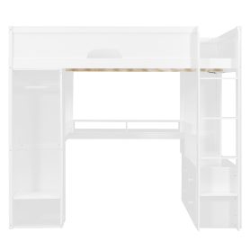 Full Size Solid Wood Loft Bed With L-Shaped Desk, Storage Cabinet and Wardrobe