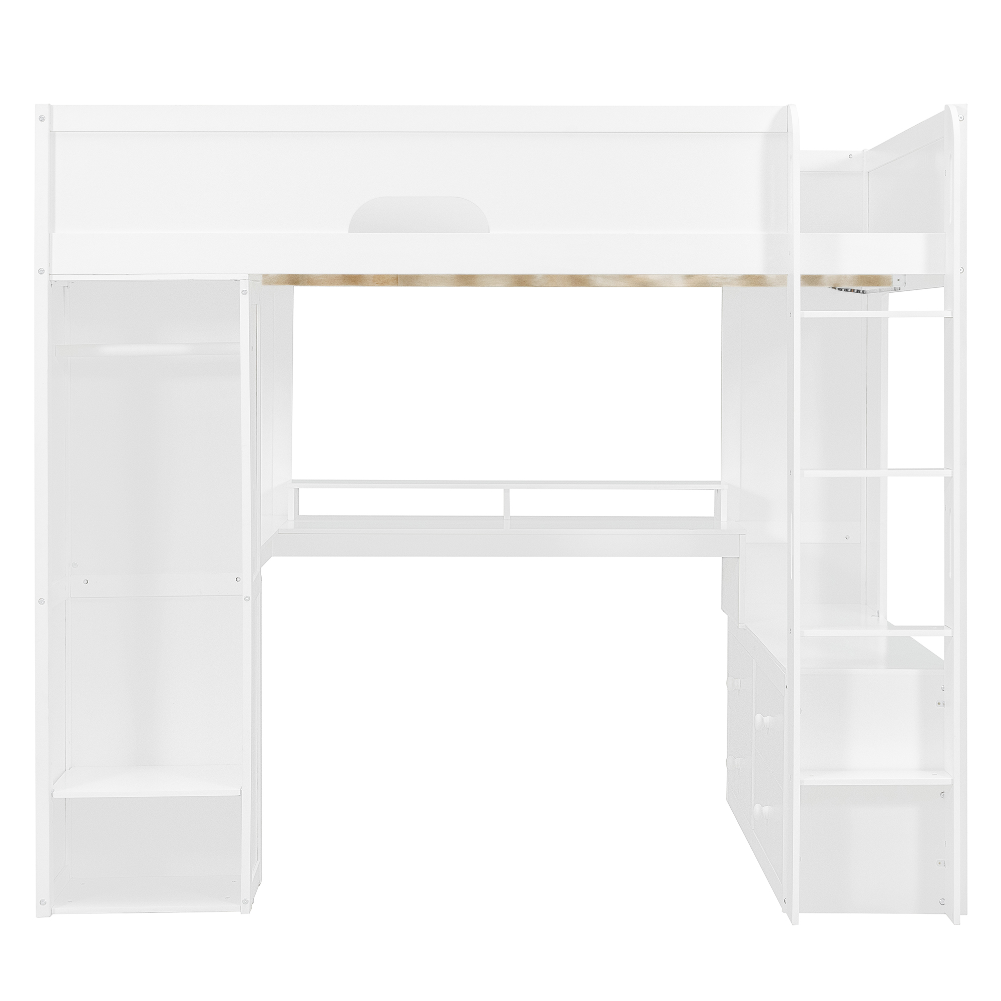 Full Size Solid Wood Loft Bed With L-Shaped Desk, Storage Cabinet and Wardrobe