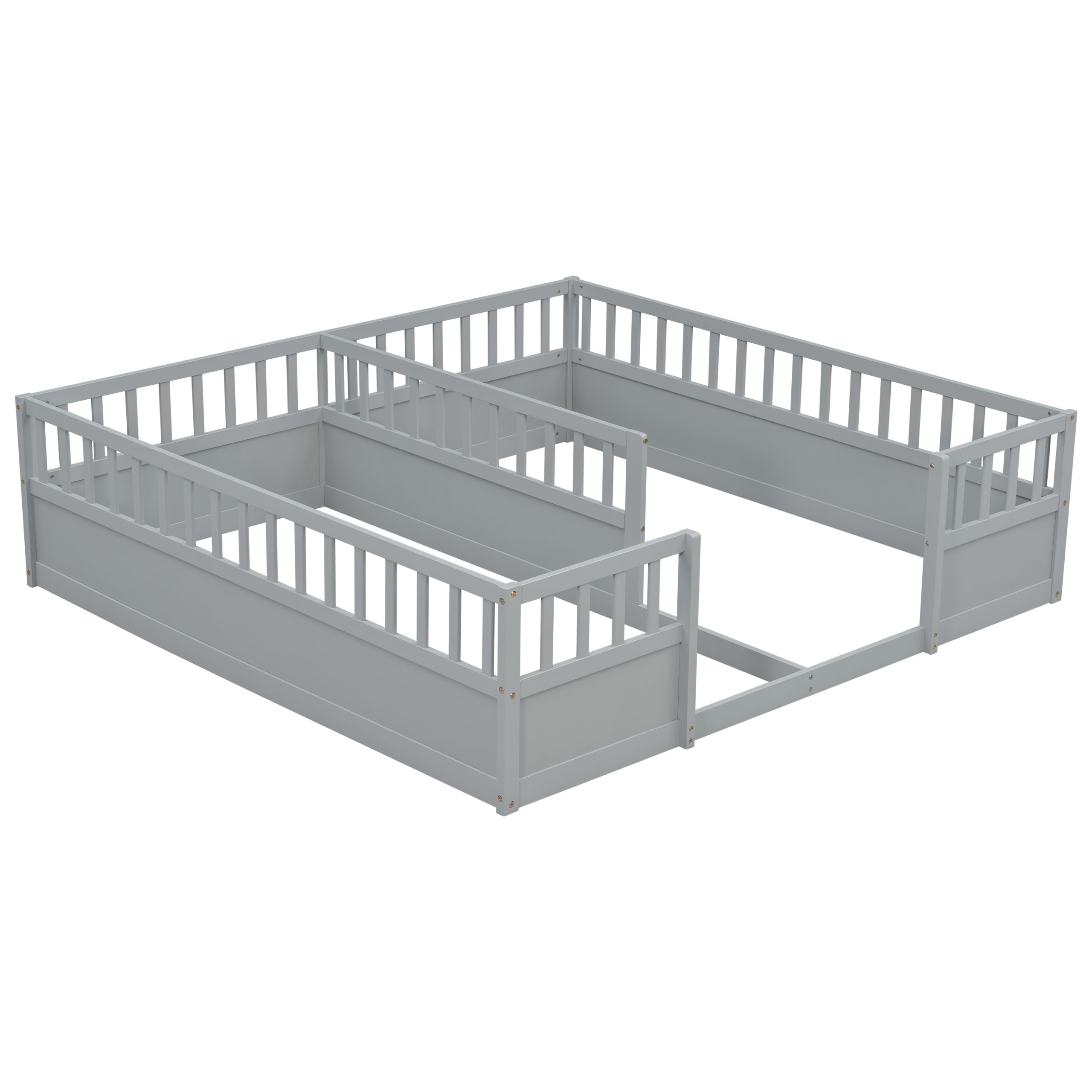 Double Pine Wood Twin Floor Bed with Semi-Enclosed Safety Guardrails, Open Entrance