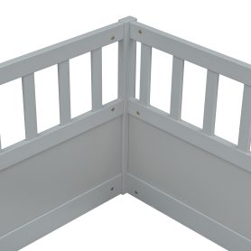 Double Pine Wood Twin Floor Bed with Semi-Enclosed Safety Guardrails, Open Entrance
