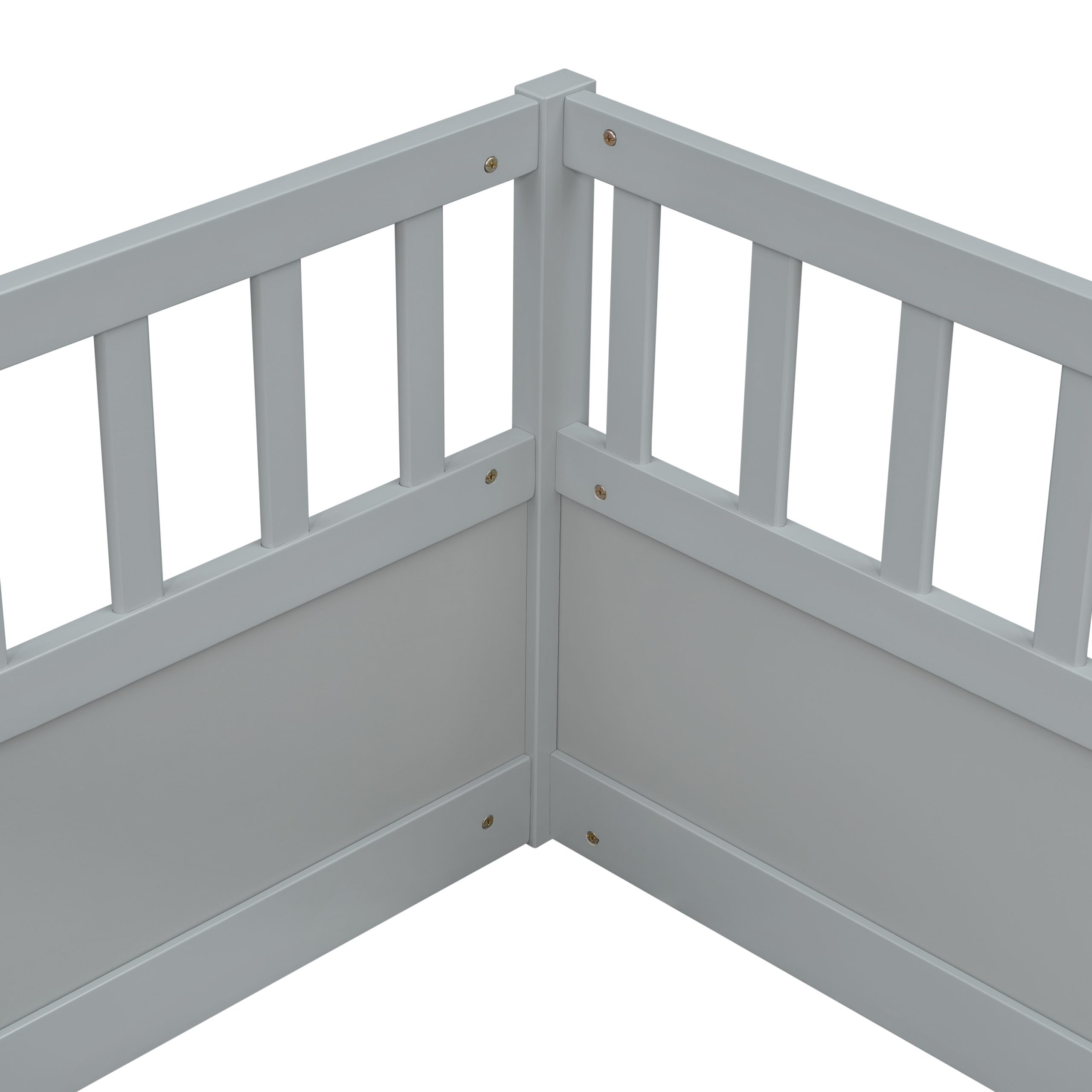 Double Pine Wood Twin Floor Bed with Semi-Enclosed Safety Guardrails, Open Entrance