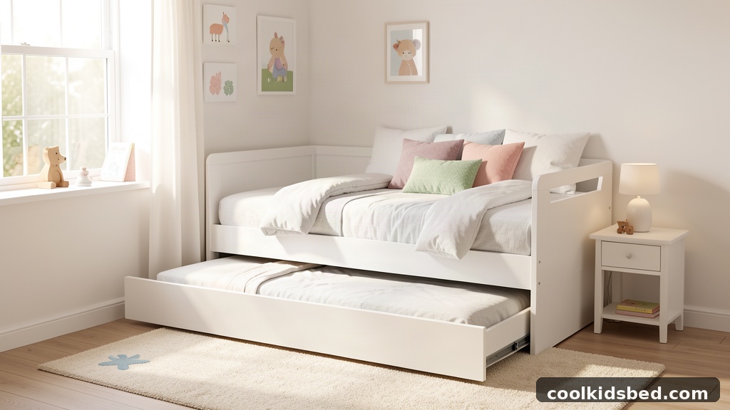 White daybed with trundle in a bright kids' room