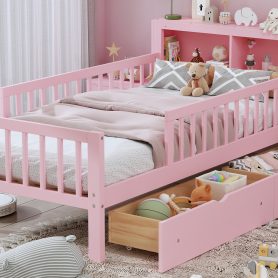Twin Size Bed with Headboard Storage Rack, Two Under-Bed Drawers, Three-Side Guardrails for Safety and Securit