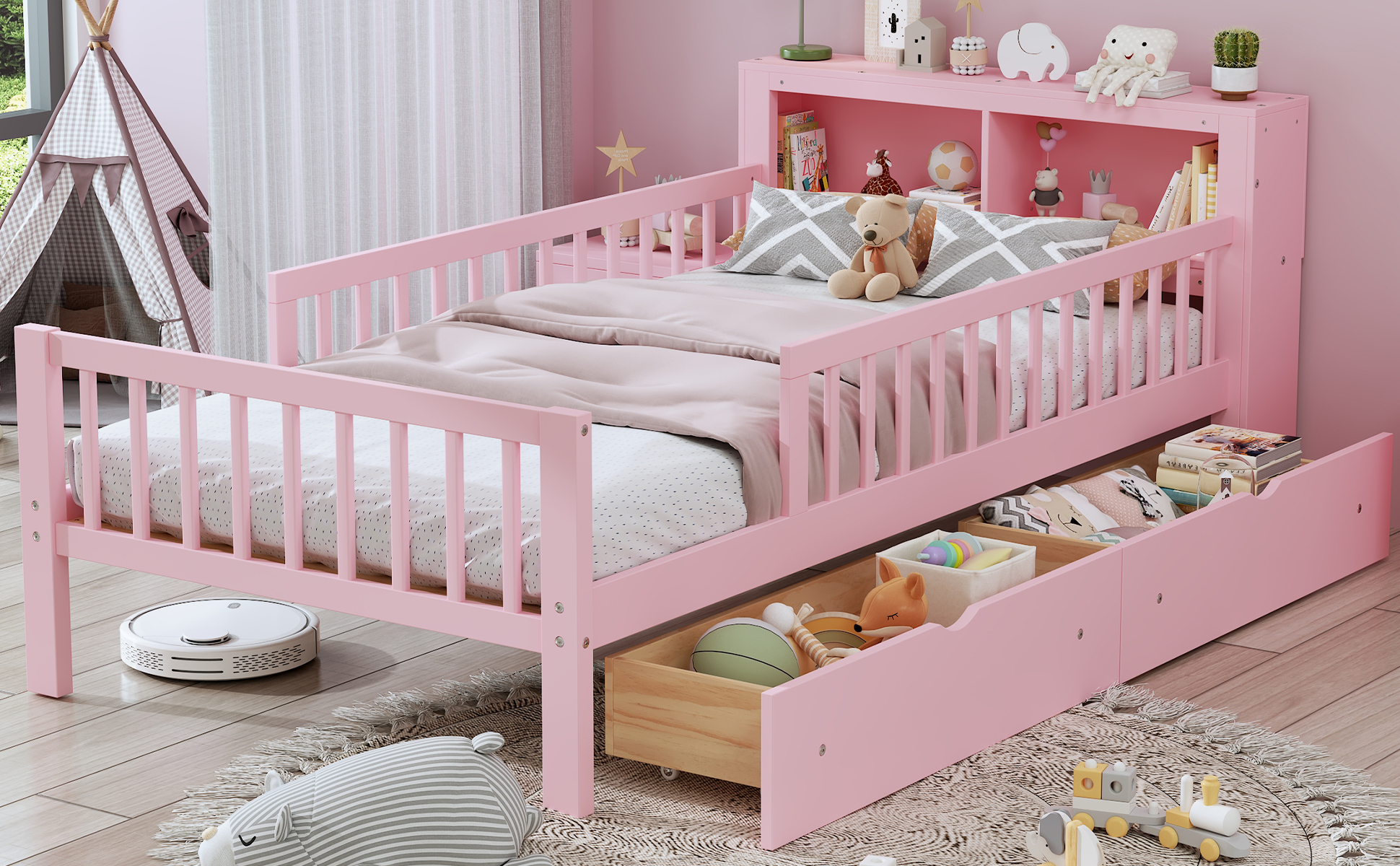 Twin Size Bed with Headboard Storage Rack, Two Under-Bed Drawers, Three-Side Guardrails for Safety and Securit