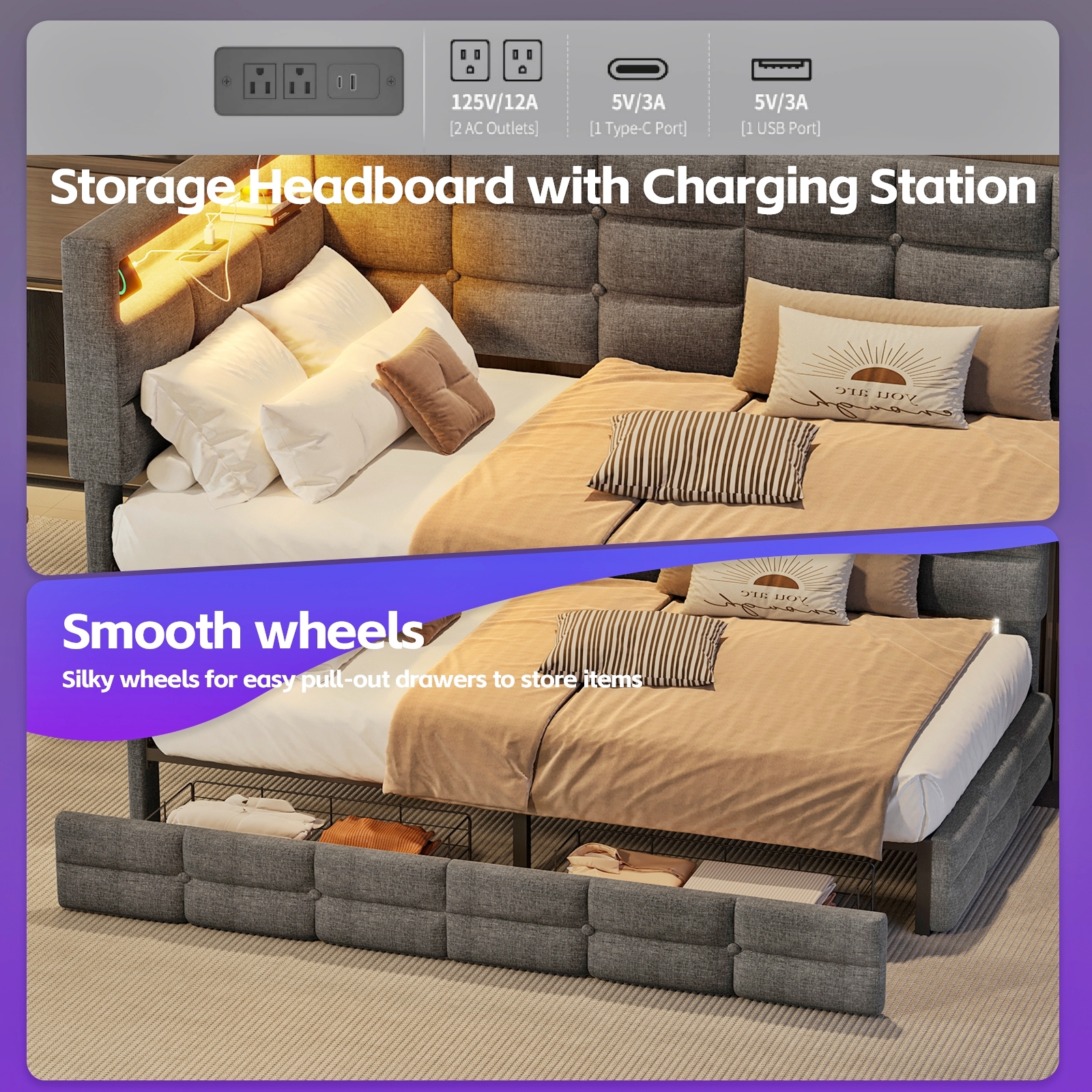 Upholstered Twin Size Daybed with Storage 2 Drawers and Charging Station