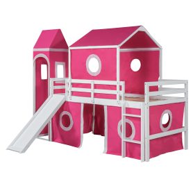 Solid Wood Twin Size Loft Bed With Slide Pink Tent And Tower