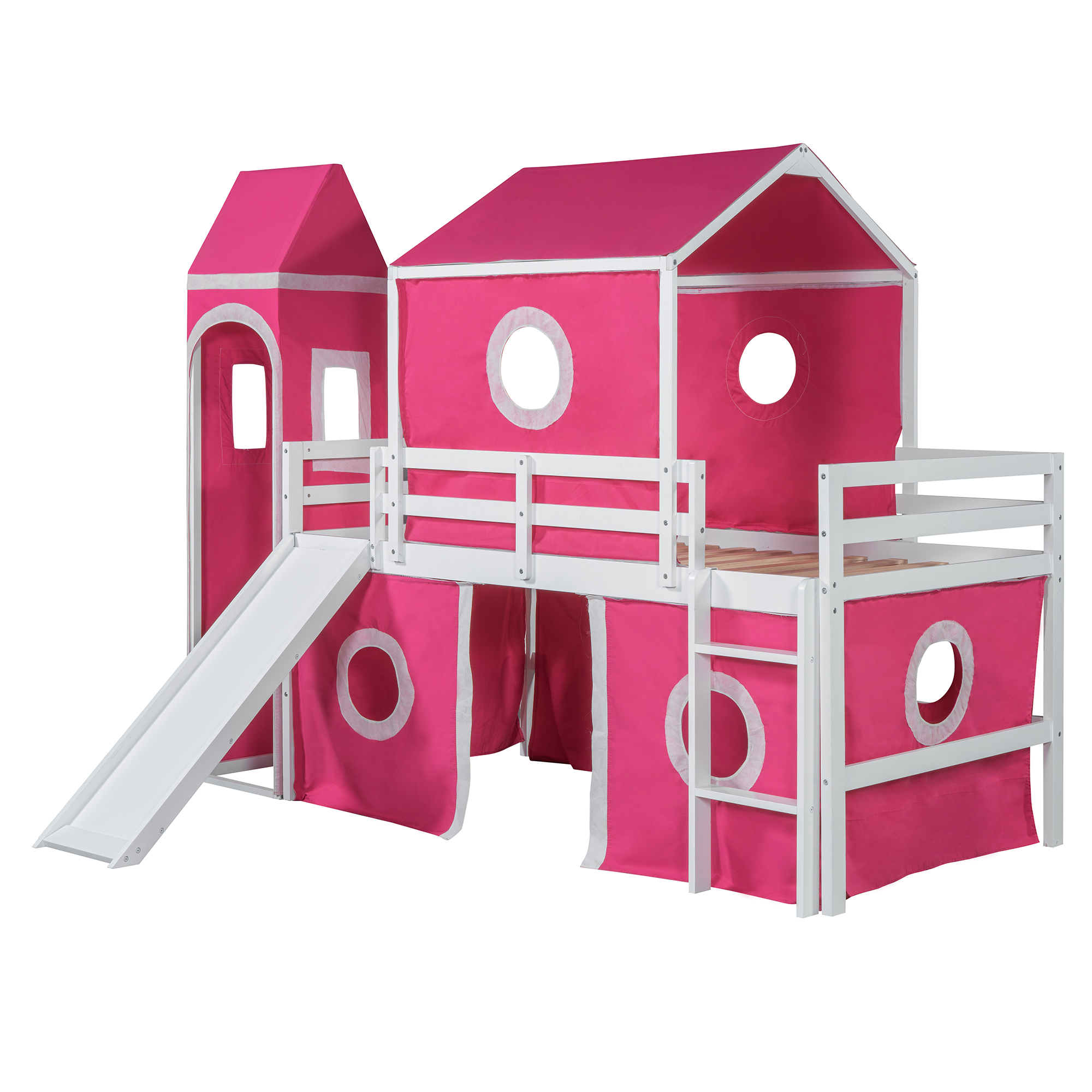 Solid Wood Twin Size Loft Bed With Slide Pink Tent And Tower