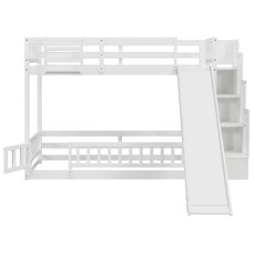 Twin Over Twin Bunk Bed With Slide, Storage Staircase, Bedside Storage Rack, LED Lights