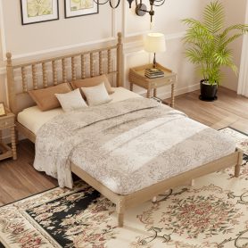 Retro Style Queen Size Wood Platform Bed With Gourd Shaped Headboard