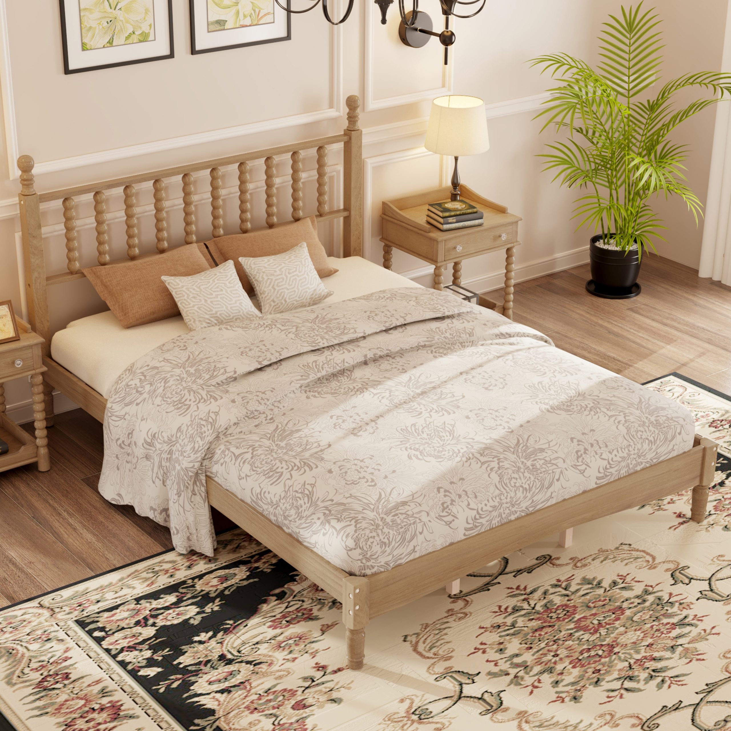 Retro Style Queen Size Wood Platform Bed With Gourd Shaped Headboard