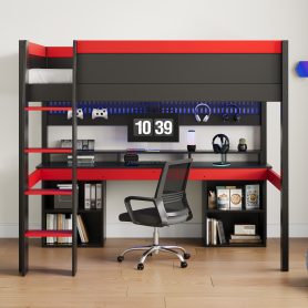 Full Size Loft Bed with Multi-Color LED Lights, Hanging Pegboard & Built-In Gaming Desk Storage