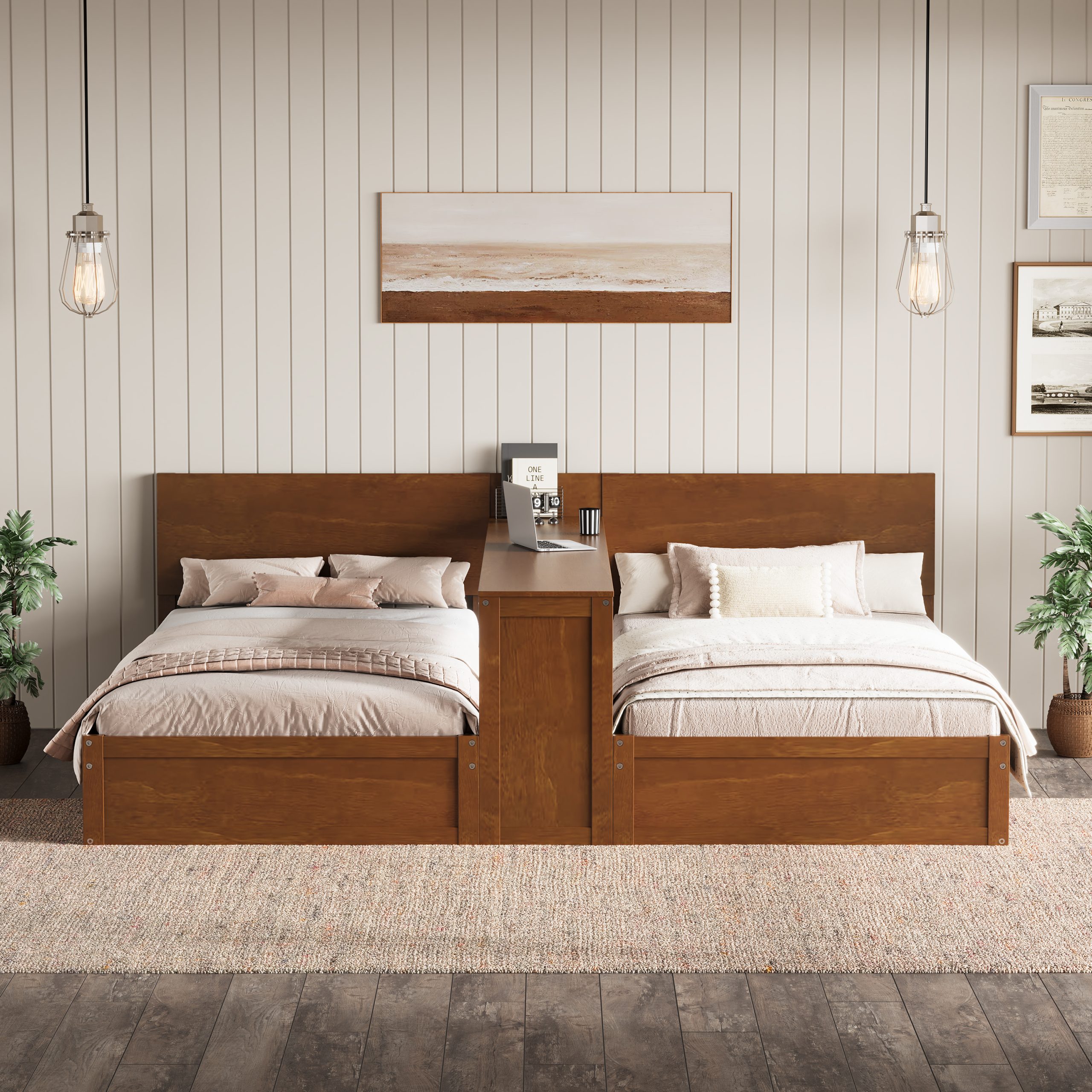 Twin Platform Bed Frame Set with Adjustable Storage Desk