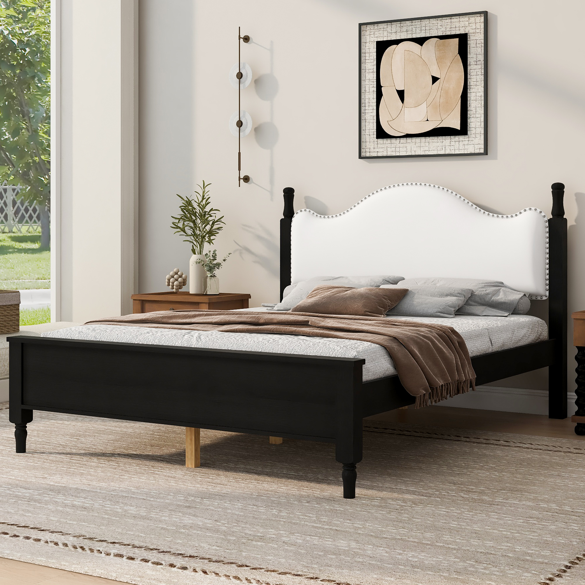 Queen Size Wood Platform Bed with Upholstered Headboard