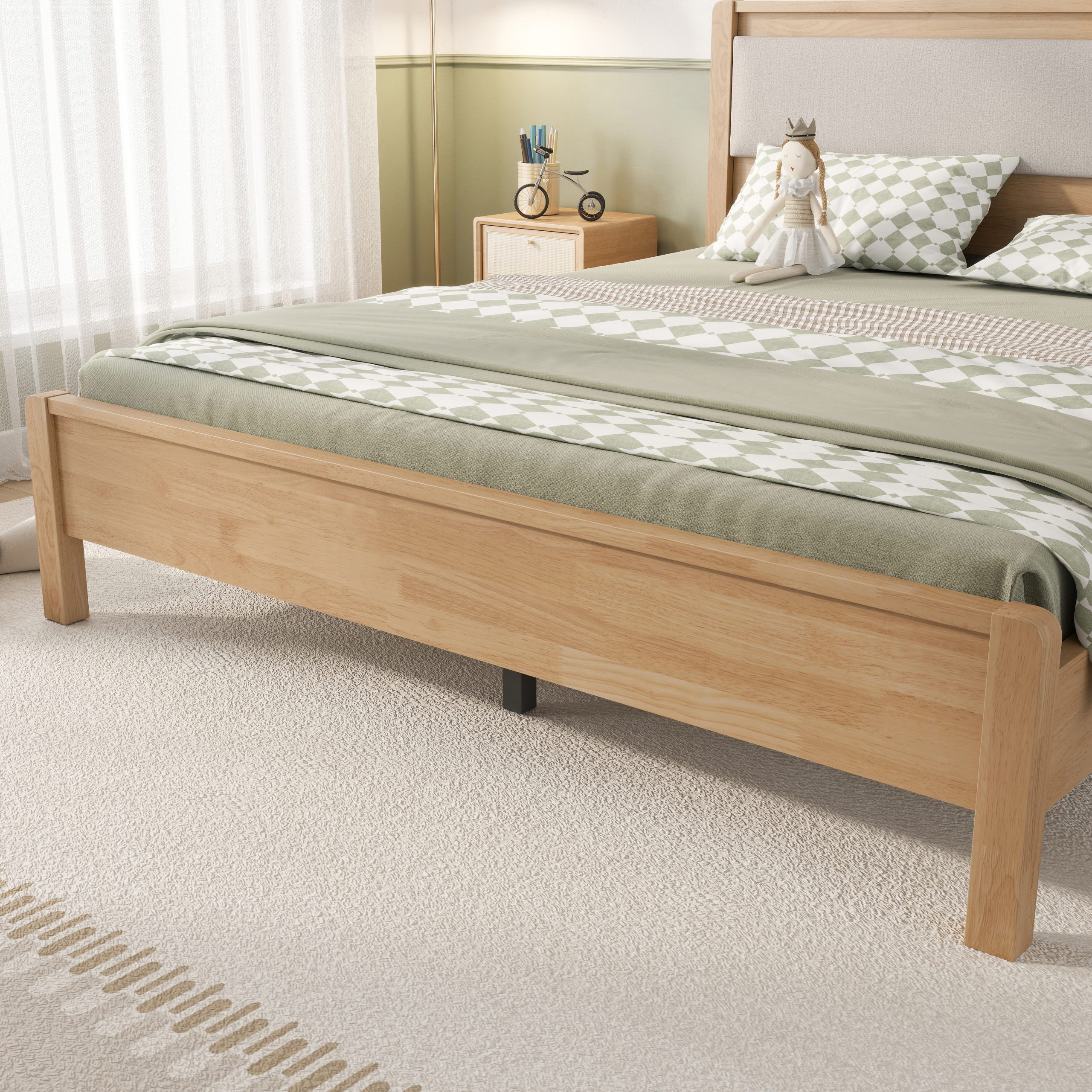 Queen Size Solid Rubber Wooden Bed With Upholstered Headboard