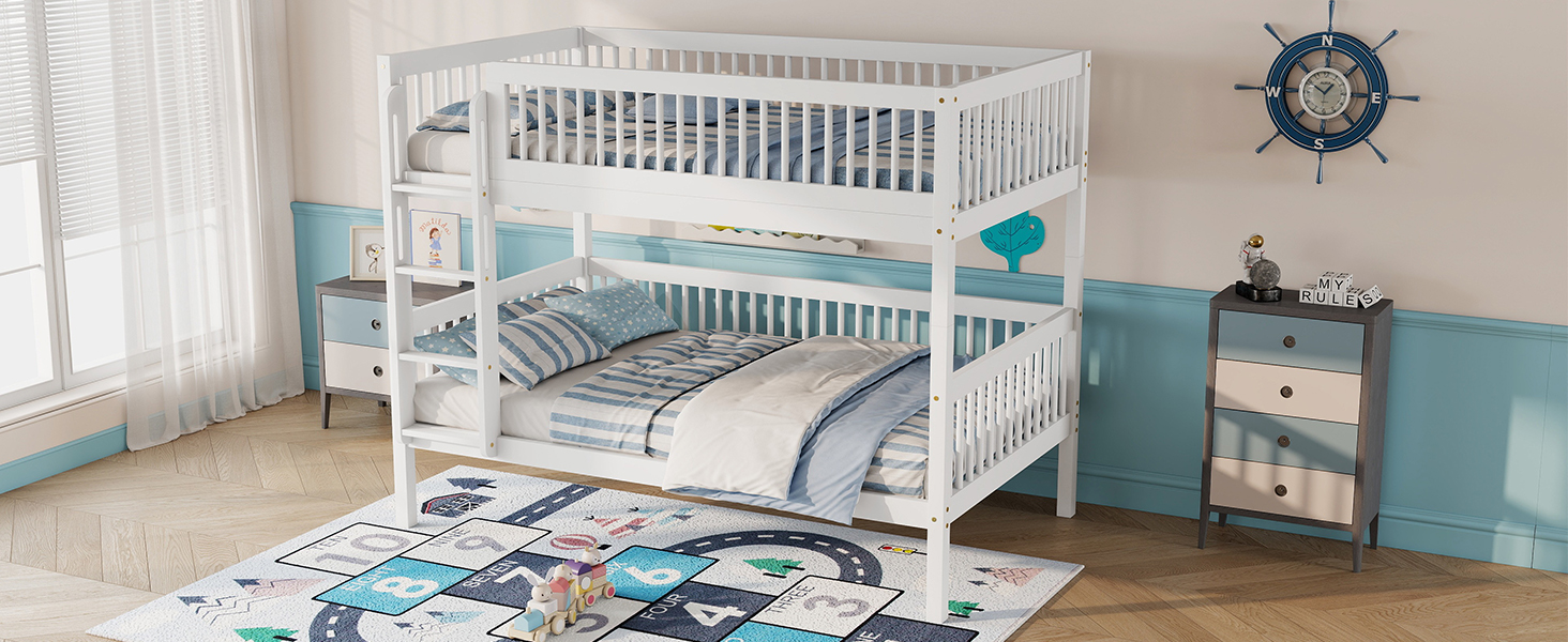 Twin Over Twin Pine Wood Bunk Bed With 2 Drawers, Convertible into 2 Twin Beds