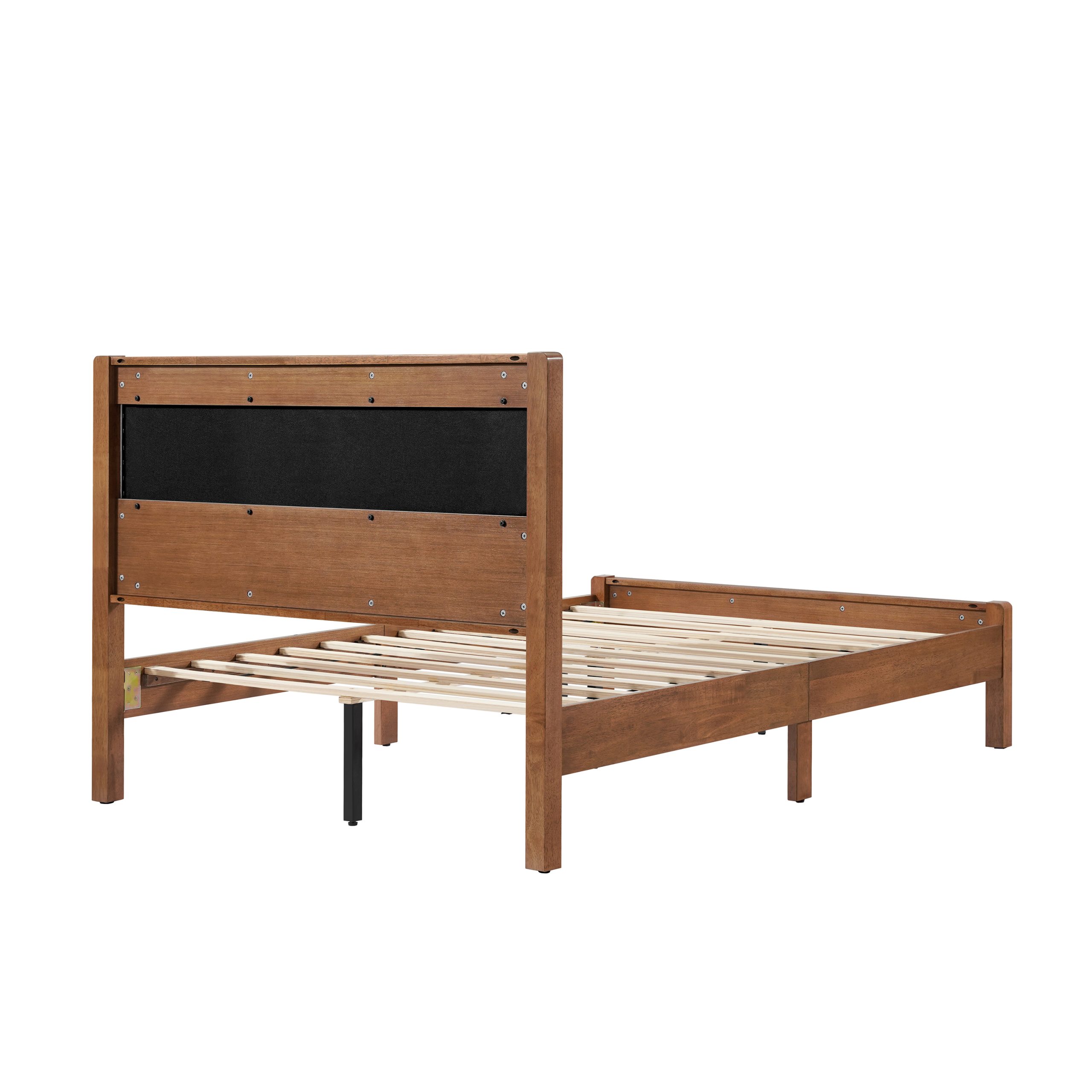 Full Size Solid Rubber Wooden Bed With Upholstered Headboard