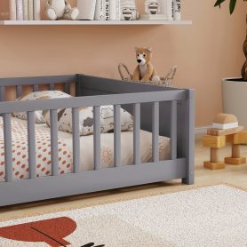 Full Size Rubber Wood Floor Bed with Guardrails, Built-in Book Rack