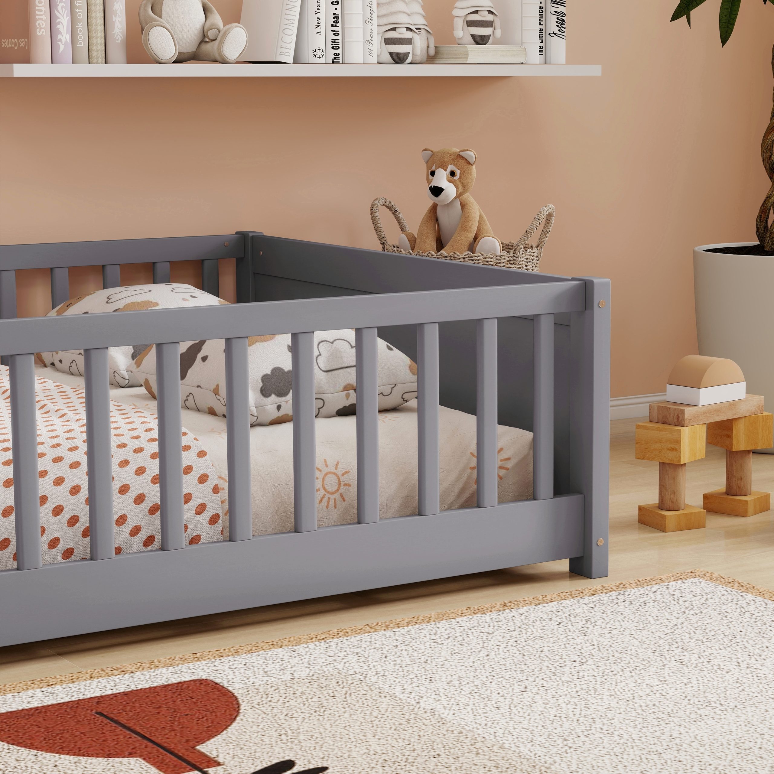 Full Size Rubber Wood Floor Bed with Guardrails, Built-in Book Rack