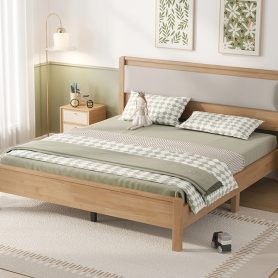 Queen Size Solid Rubber Wooden Bed With Upholstered Headboard