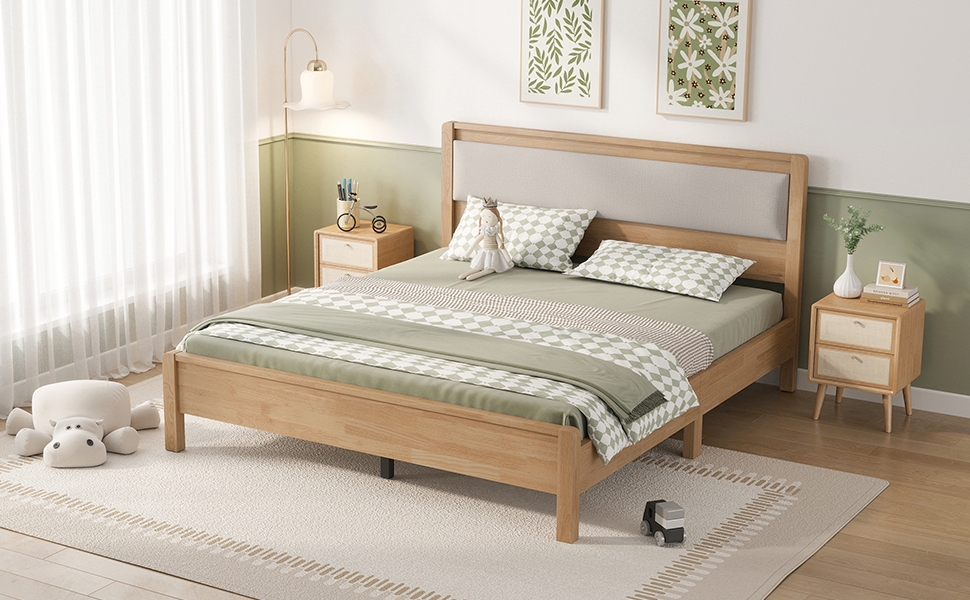 Queen Size Solid Rubber Wooden Bed With Upholstered Headboard