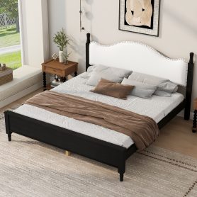 King Size Wood Platform Bed with Upholstered Headboard