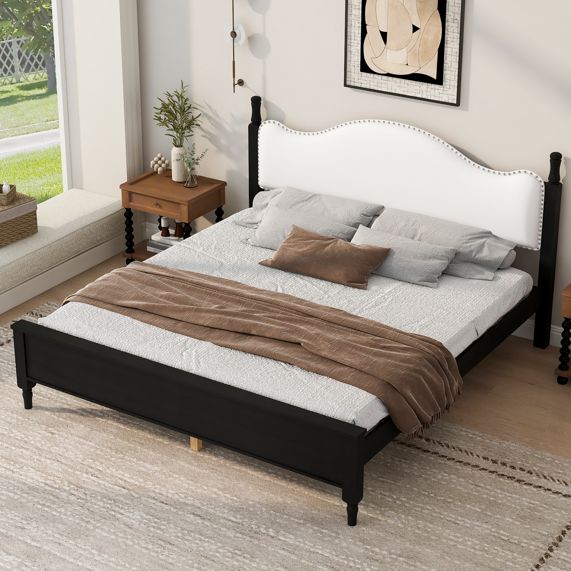King Size Wood Platform Bed with Upholstered Headboard