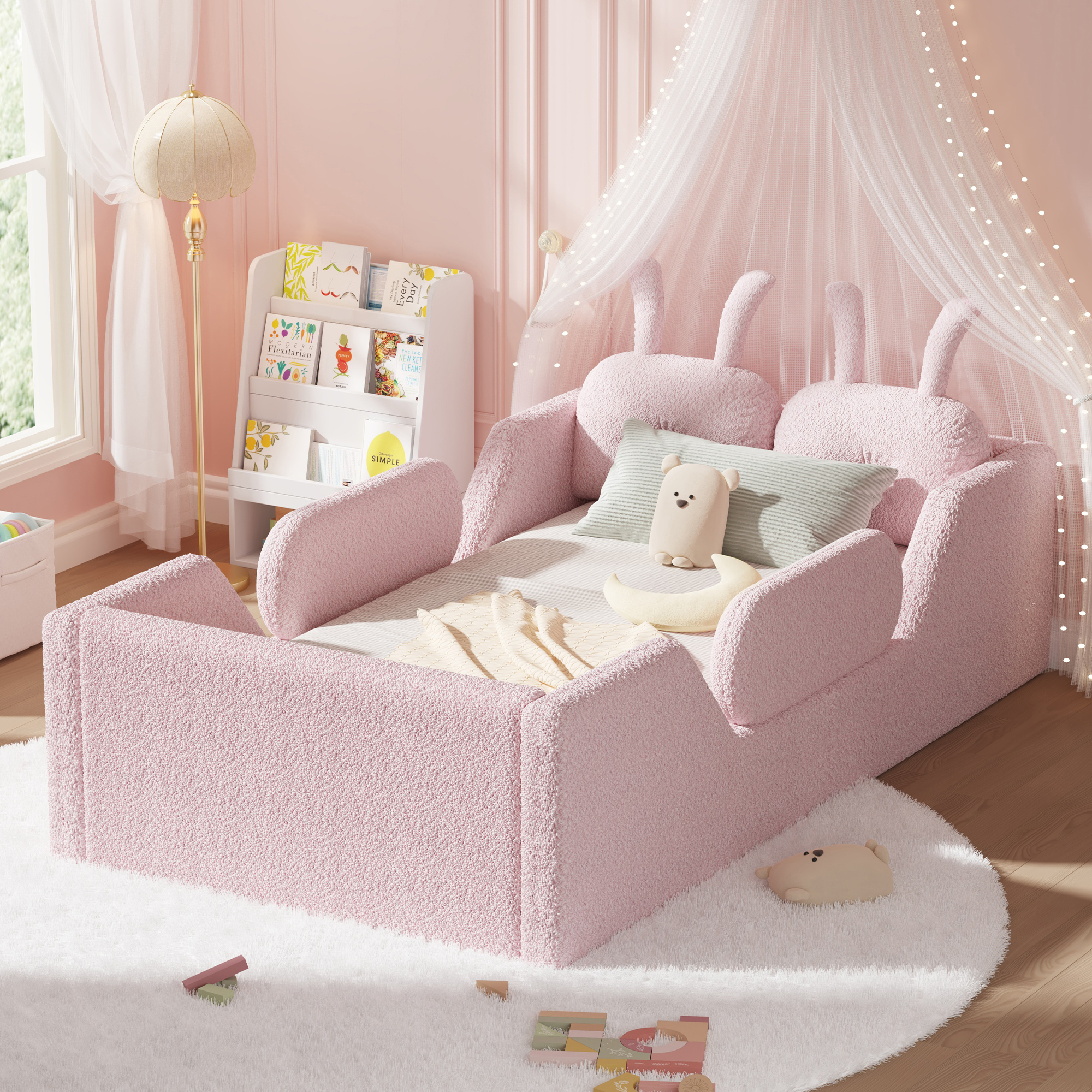 Upholstered Twin Size Platform Bed with Rabbit Cushion