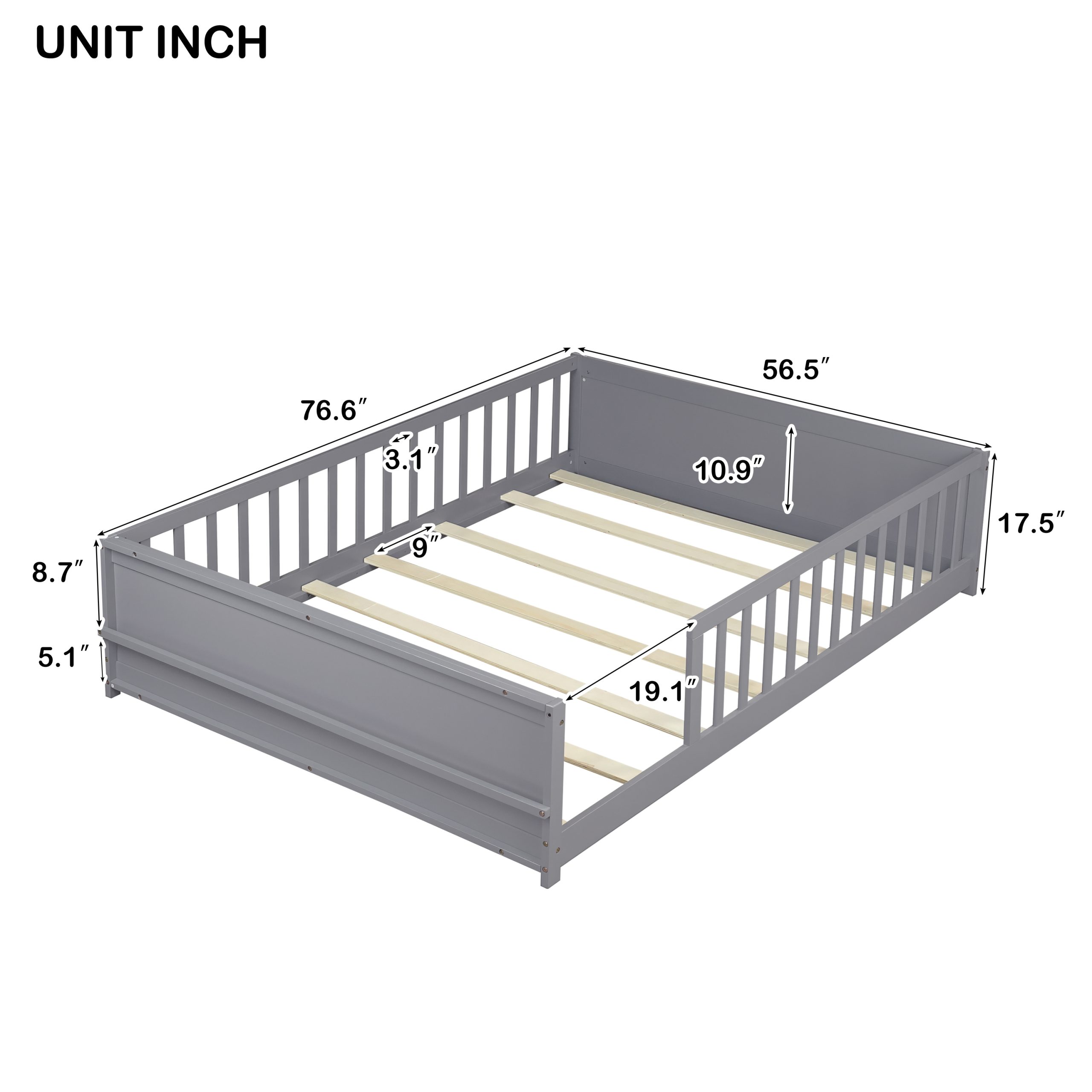 Full Size Rubber Wood Floor Bed with Guardrails, Built-in Book Rack